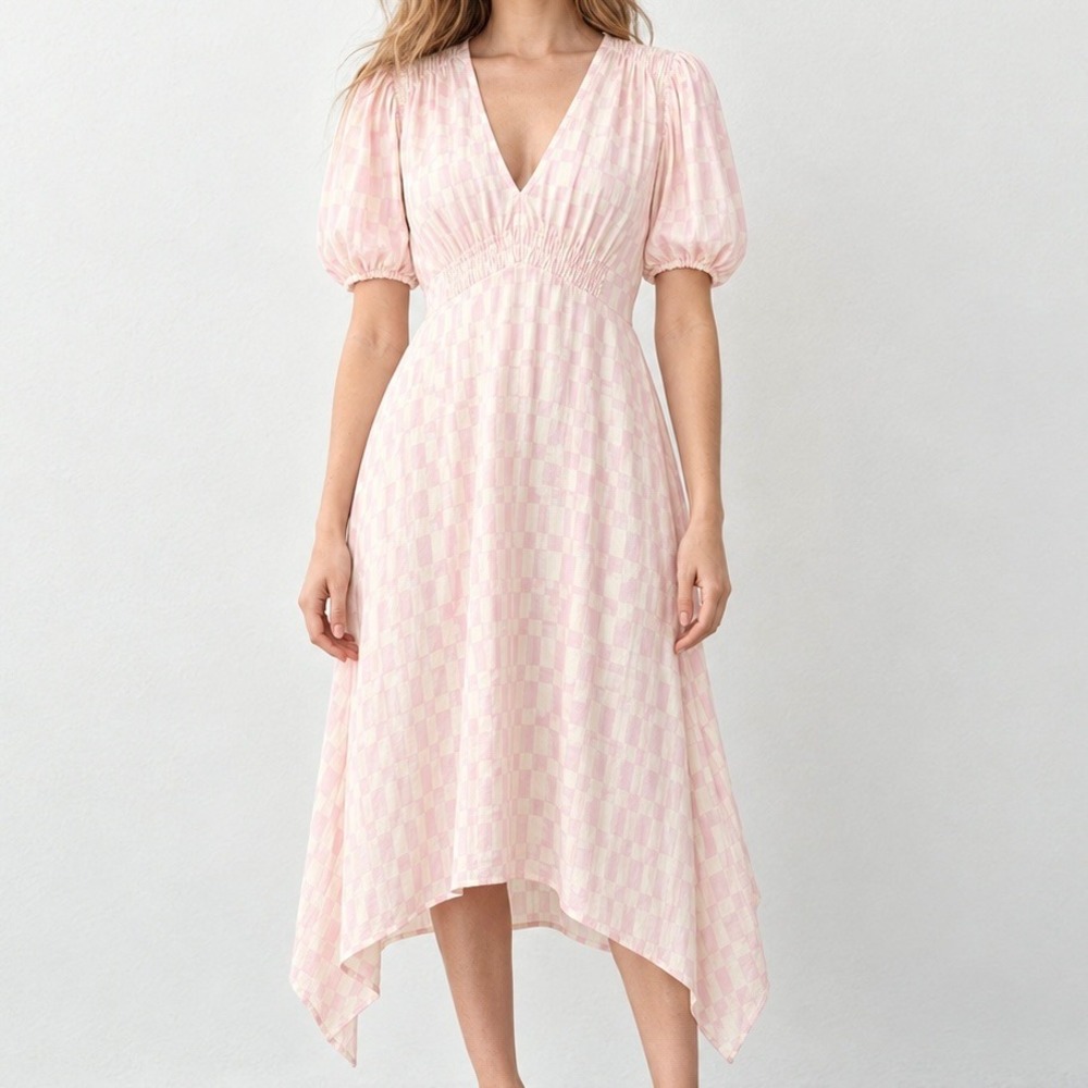 Club Monaco Pink Ivory Checkered V-Neck Handkerchief Hem Midi Dress Size 8